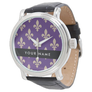 Montre Fleur de Lis, Beige sur Violet, Royal, Votre Nom