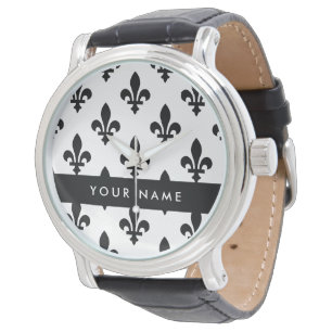 Montre Fleur de Lis, Noir sur Blanc, Noir, Votre Nom