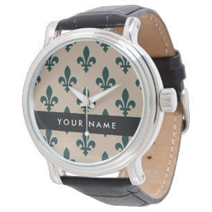 Montre Fleur de Lis, Vert sur Beige, Royal, Votre Nom
