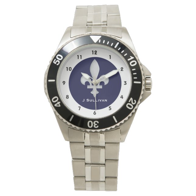 Montre Fleur de lys en argent sur bleu foncé sur classiqu (devant)