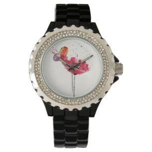 Montre Fleur peinte stylisée de pavot d'aquarelle