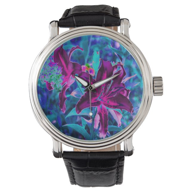 Montre Fleurs Abstraites de Lys violettes et roses chaude (devant)