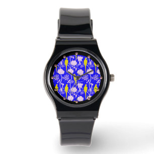 MONTRE FLEURS BLANCHES ART DÉCO, PARROTS JAUNES EN BLEU