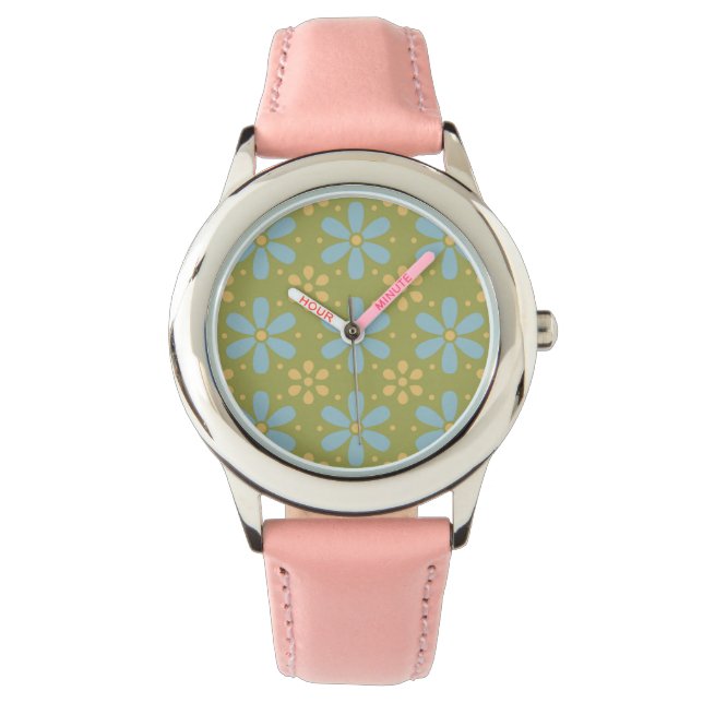 Montre Fleurs bleues et jaunes Abstraites rétro sur vert (devant)