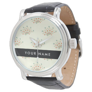 Montre Fleurs bleues et rouges, noires, Votre nom
