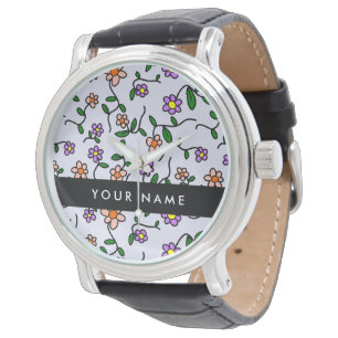 Montre Fleurs Colorées, Fond Bleu, Noir