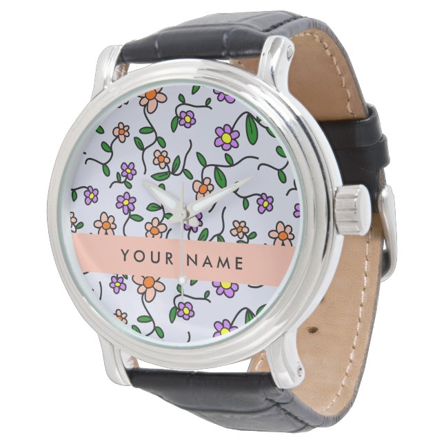 Montre Fleurs Colorées, Fond Bleu, Orange (Incliné)