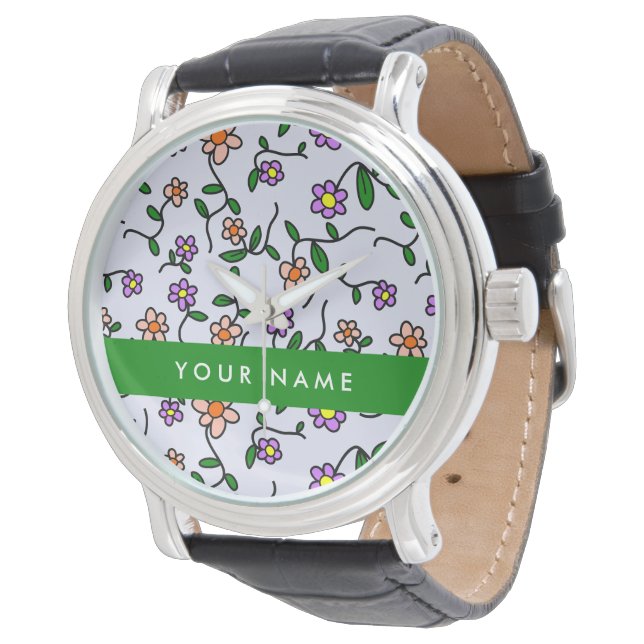 Montre Fleurs Colorées, Fond Bleu, Vert (Incliné)