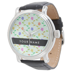 Montre Fleurs Colorées, Fond Vert Clair, Noir