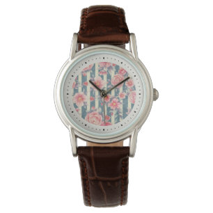 Montre Fleurs d'aquarelle rose sur bandes