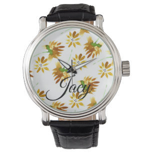 Montre Fleurs de aquarelle jaune Nom de script Fête des m
