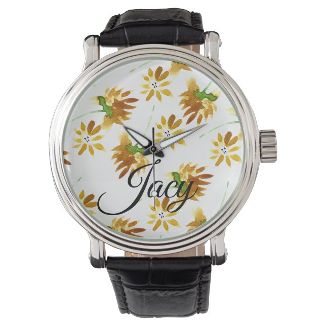 Montre Fleurs de aquarelle jaune Nom de script Fête des m (devant)