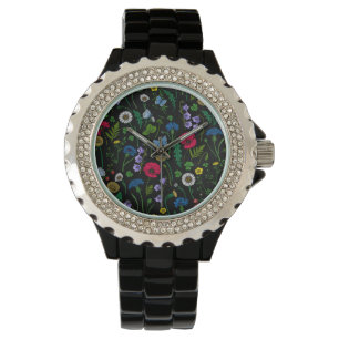 Montre Fleurs de maïs rose et bleu, fleurs sauvages sur b