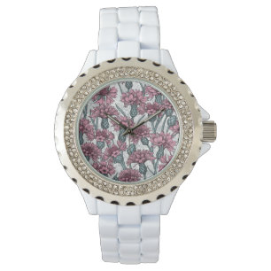 Montre Fleurs de maïs roses, fleurs sauvages sur blanc
