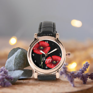 Montre Fleurs de pavot rouge sur Noir Personnalisé