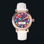 Montre Fleurs de printemps colorées Motif<br><div class="desc">Une montre avec un motif numérique 3d cool. Fleurs lumineuses et colorées au style cool qui ressemble à des découpes en papier. Personnalisez avec un nom.</div>