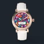Montre Fleurs de printemps colorées Motif<br><div class="desc">Une montre avec un motif numérique 3d cool. Fleurs lumineuses et colorées au style cool qui ressemble à des découpes en papier. Personnalisez avec un nom.</div>