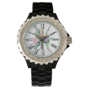 Montre Fleurs de printemps   Crucifix   Numéros romains