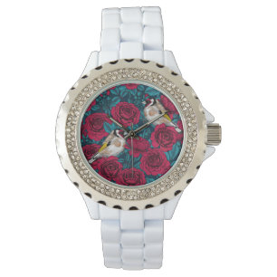 Montre Fleurs de roses rouges et oiseaux d'or