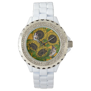 Montre Fleurs de soleil et ailerons d'or sur orange
