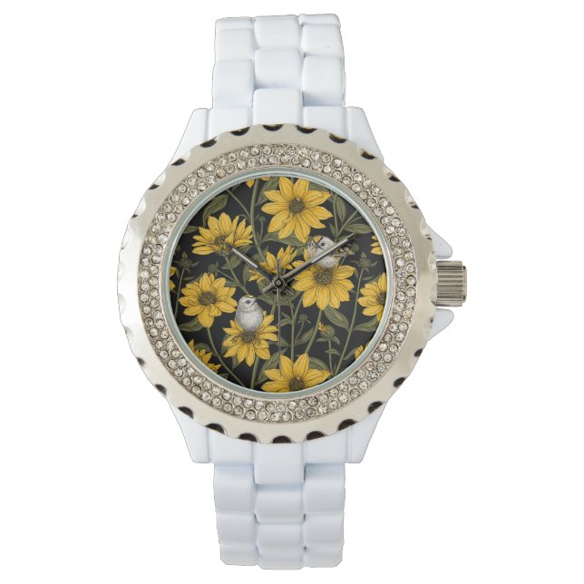 Montre Fleurs de soleil sauvages et crêtes d'or/ jaune (devant)