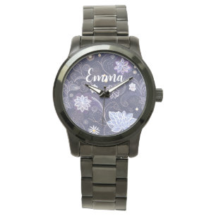 Montre fleurs délicates à motif blanc-bleu