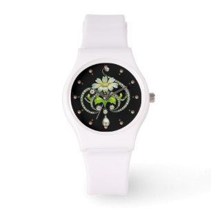 MONTRE FLEURS D'ENAMÉRIQUE BLANC IMPRIMÉE, PERLES ET DIAM