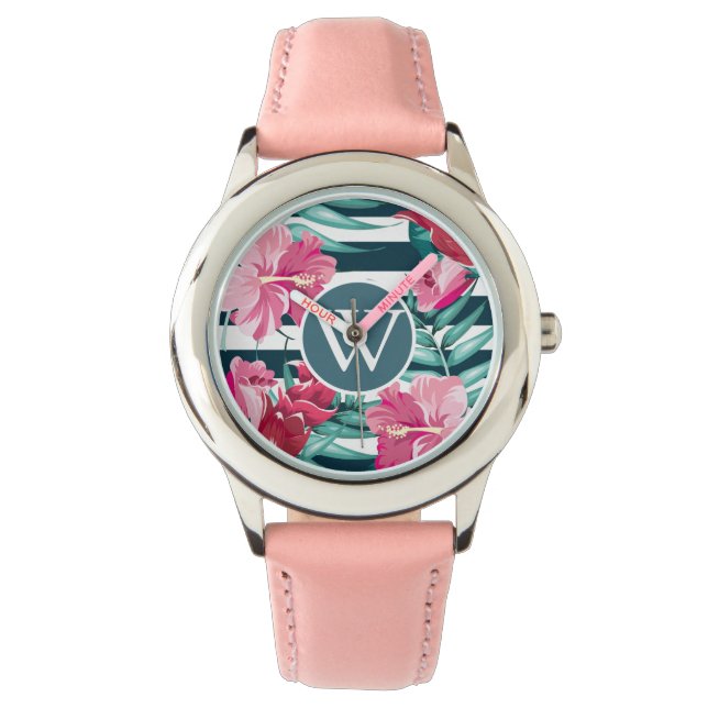 Montre Fleurs d'été exotiques design Monogramme rayé (devant)