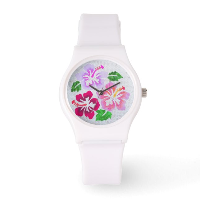 Montre Fleurs d'Hibiscus rose Tropical Hawaii (Recto)