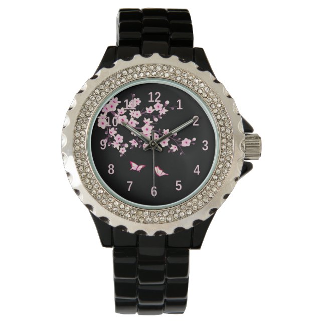 Montre Fleurs florales de cerisier rose noir (devant)