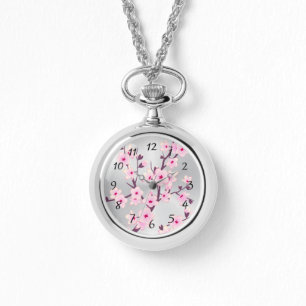 Montre Fleurs florales de cerisiers Nombre d'argent rose