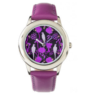 MONTRE FLEURS PURPLES ART DÉCO, PARROTS BLANCS SUR NOIR