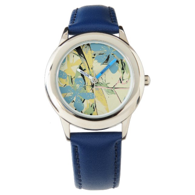 Montre Fleurs rétro (bleu et jaune) (devant)