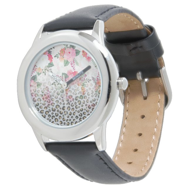 Montre Fleurs roses Empreintes de léopard noires en argen (Incliné)