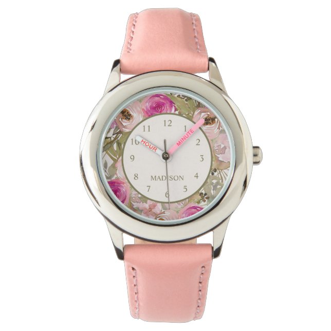 Montre Fleurs roses mignonnes Votre nom Enfant (devant)