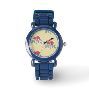Montre Fleurs rouges et feuilles verts sur marron