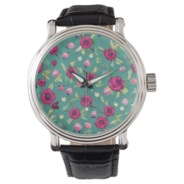 Montre Fleurs rouges sur un arrière - plan vert (devant)