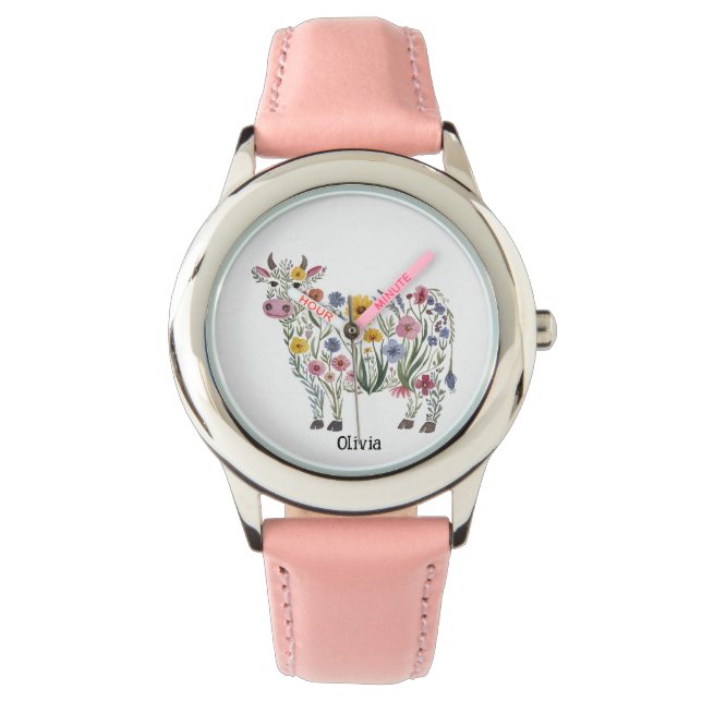 Montre Fleurs sauvages d'aquarelle en forme de Vache mign (devant)