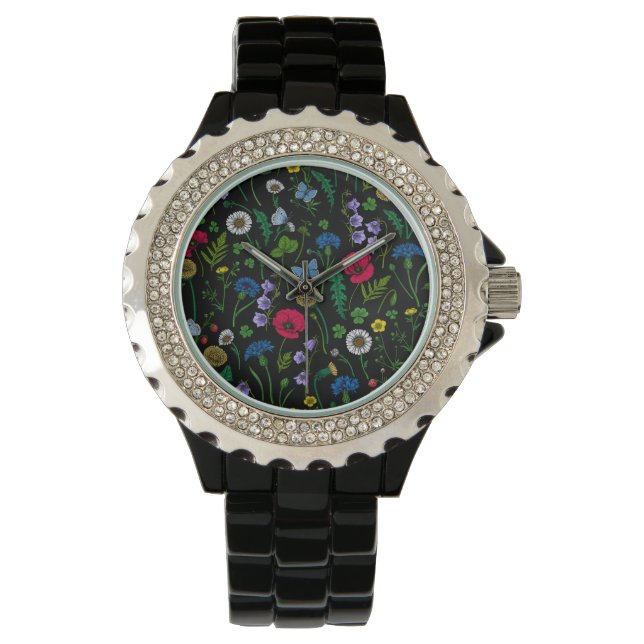 Montre Fleurs sauvages en noir (devant)