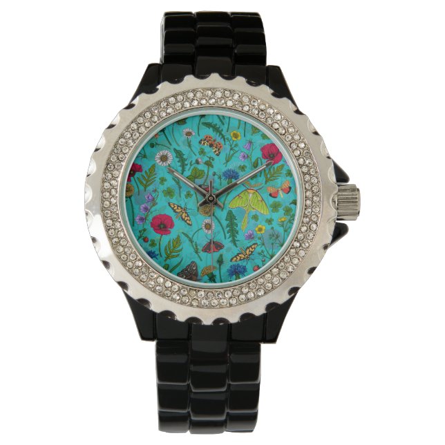 Montre Fleurs sauvages et papillons de nuit sur turquoise (devant)