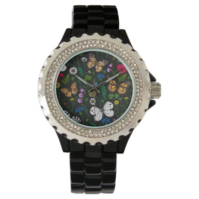 Montre Fleurs sauvages et papillons sur le noir (devant)