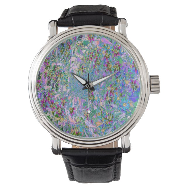 Montre Fleurs sauvages rétro violet, vert et bleu sur ros (devant)