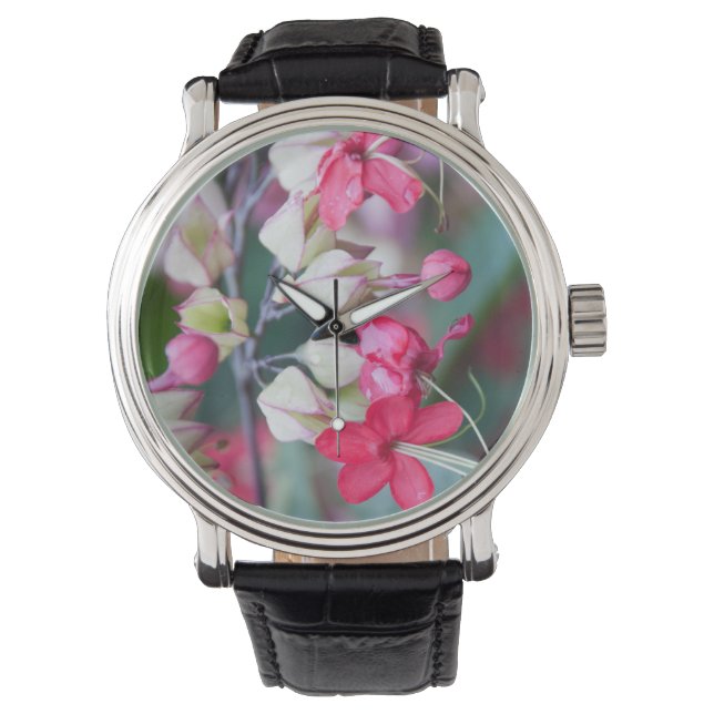 Montre Fleurs tropicales roses et blanches rouges (devant)