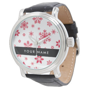 Montre Flocons de neige rouges, Votre nom, Personnaliser