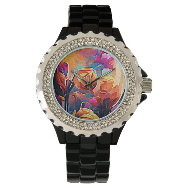 Montre Floral Abstract Art Orange Red Blue Flowers (devant)