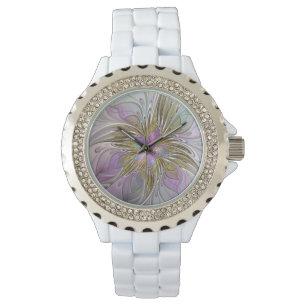 Montre Floral coloré Abstrait Fractal Art rose & or