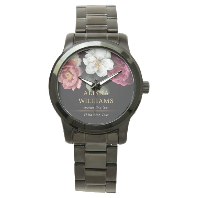 Montre Floral de luxe noir personnalisé (devant)