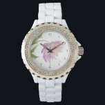 Montre *~* Floral Peony Aquarelle rose Lavande Populaire<br><div class="desc">* Une belle lavande et rose sur un arrière - plan blanc brillant. Ce design est une très jolie fleur de pivoine aquarelle impressionnante qui orne le visage de cette montre pour femmes. * La courroie est blanche et est faite d'émail robuste. Il y a des strass brillants qui donnent...</div>