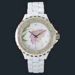 Montre *~* Floral Peony Aquarelle rose Lavande Populaire<br><div class="desc">* Une belle lavande et rose sur un arrière - plan blanc brillant. Ce design est une très jolie fleur de pivoine aquarelle impressionnante qui orne le visage de cette montre pour femmes. * La courroie est blanche et est faite d'émail robuste. Il y a des strass brillants qui donnent...</div>