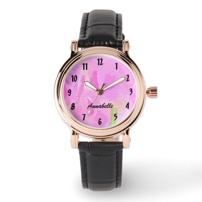 Montre Florale rose avec nom personnalisé (Recto)